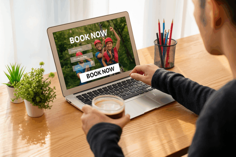 Person booking a group ziplining tour directly through a tourism website with a ‘Book Now’ button on the laptop screen