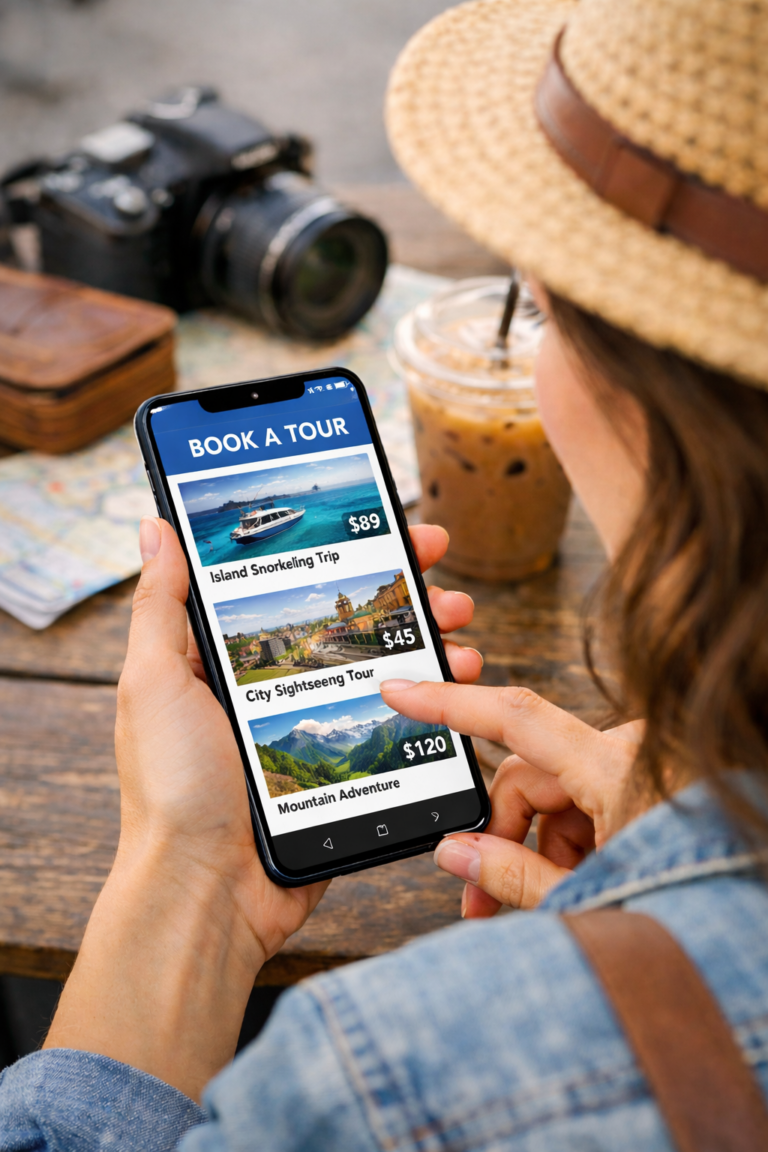 Traveller booking a tour on a mobile phone